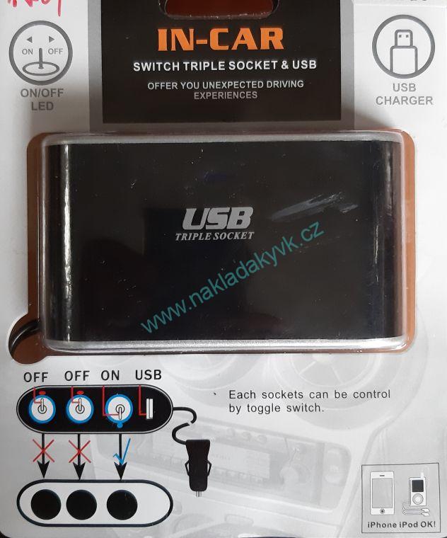 Rozdvojka zapalovače + 1x USB 12/24V s vypínači a s kabelem