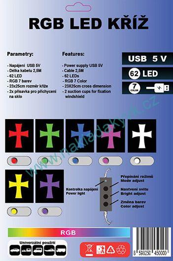 Dekorace LED RGB - kříž 62LED + přísavky