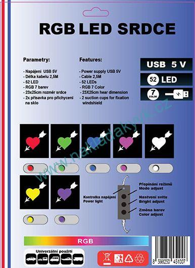 Dekorace LED RGB - srdce 52LED + přísavky